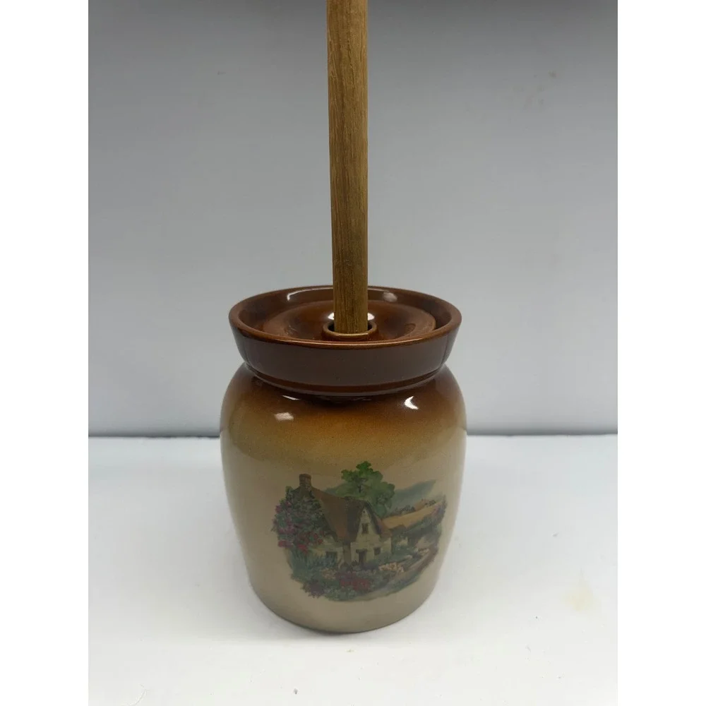 Vintage Stoneware Butter Churn Crock with Wooden Dasher Cottage Scene Brown Tan